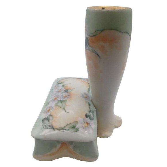 Rare Bavarian Porcelain Hat Pin Holder With Attached Trinket Dish Green & Yellow - Picture 7 of 14